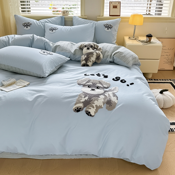 91家纺网 家纺一手货源 找家纺 寐居家纺 2025新款全棉纯棉13372毛巾绣四件套 俏皮狗