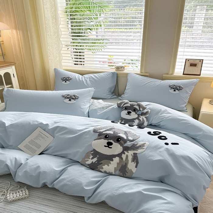 91家纺网 家纺一手货源 找家纺 寐居家纺 2025新款全棉纯棉13372毛巾绣四件套 俏皮狗