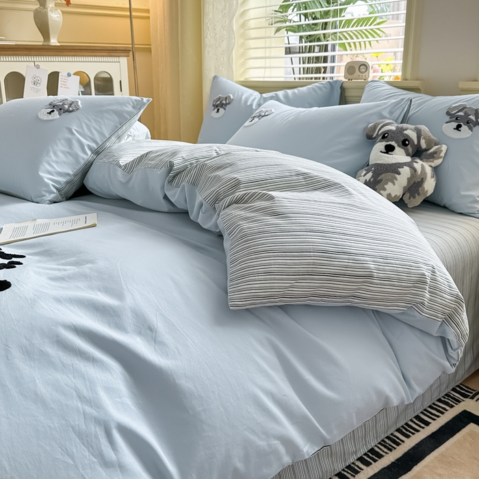 91家纺网 家纺一手货源 找家纺 寐居家纺 2025新款全棉纯棉13372毛巾绣四件套 俏皮狗