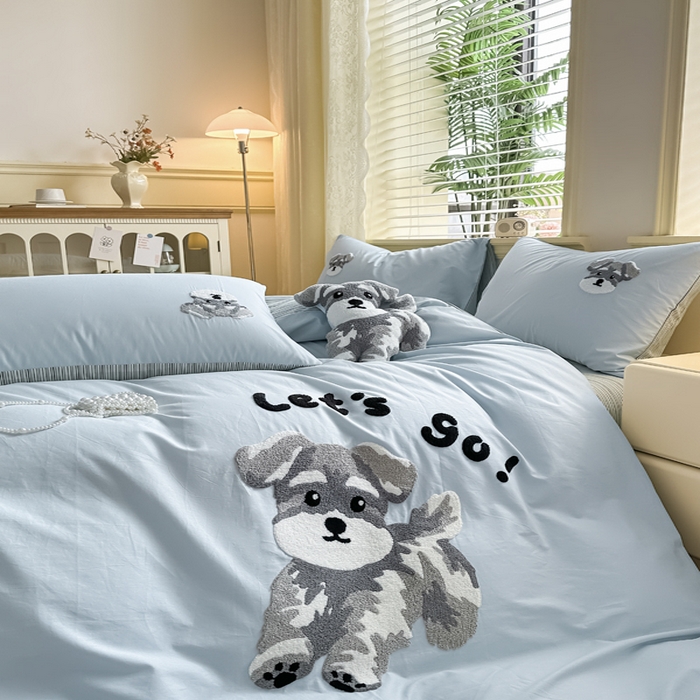 91家纺网 家纺一手货源 找家纺 寐居家纺 2025新款全棉纯棉13372毛巾绣四件套 俏皮狗