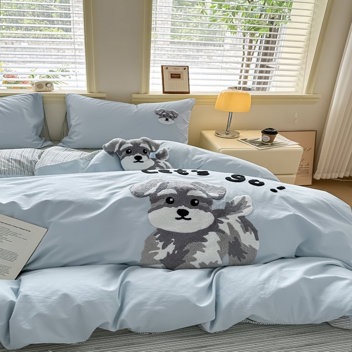 91家纺网 家纺一手货源 找家纺 寐居家纺 2025新款全棉纯棉13372毛巾绣四件套 俏皮狗