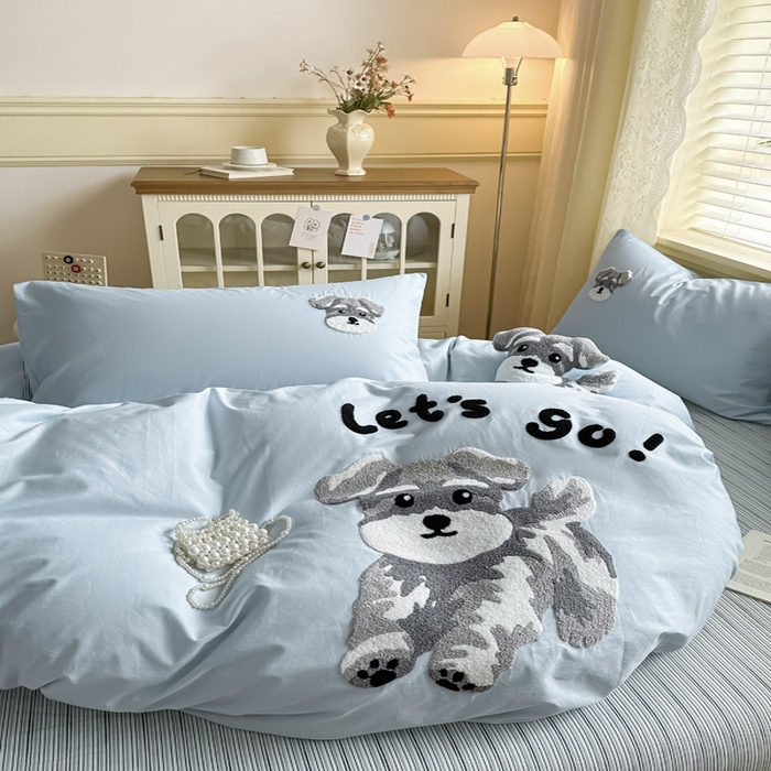 91家纺网 家纺一手货源 找家纺 寐居家纺 2025新款全棉纯棉13372毛巾绣四件套 俏皮狗