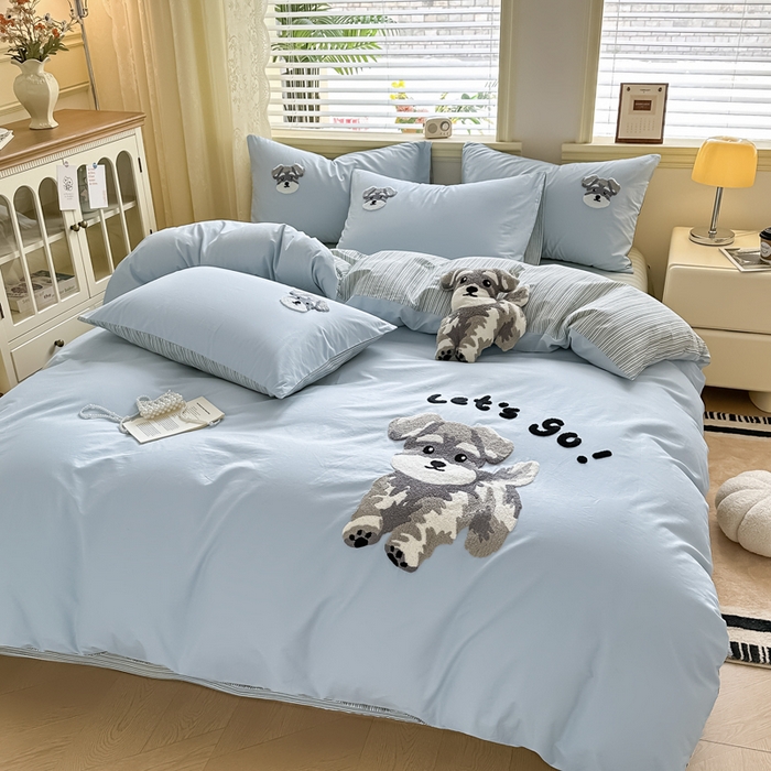 91家纺网 家纺一手货源 找家纺 寐居家纺 2025新款全棉纯棉13372毛巾绣四件套 俏皮狗