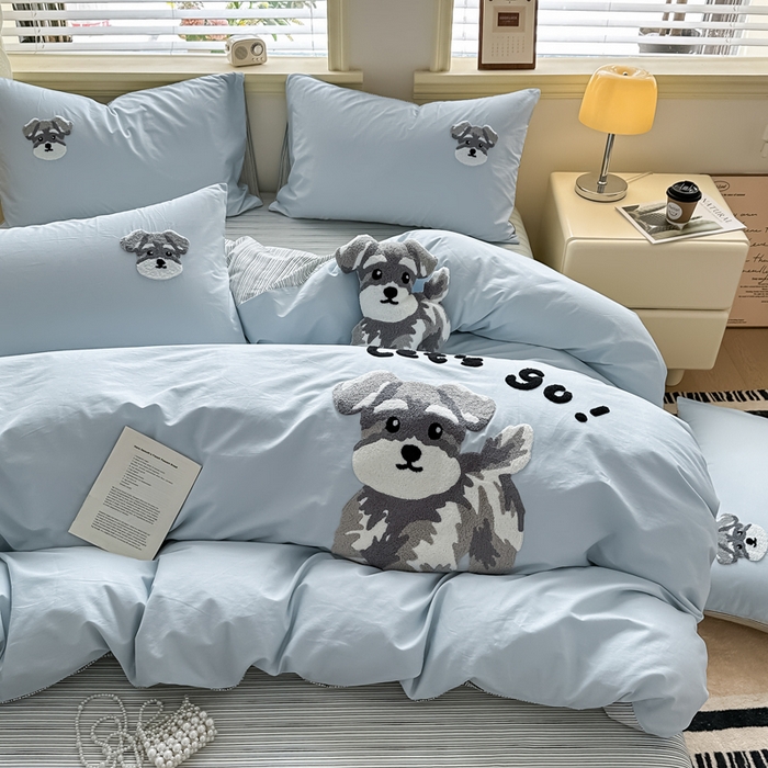 91家纺网 家纺一手货源 找家纺 寐居家纺 2025新款全棉纯棉13372毛巾绣四件套 俏皮狗