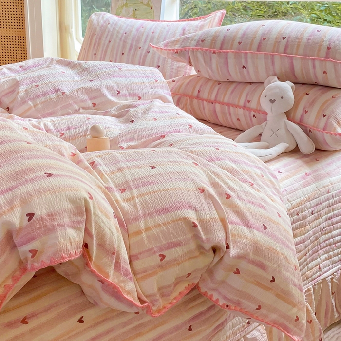 梦可莱家居 2025新款木棉床盖四件套 爱心粉