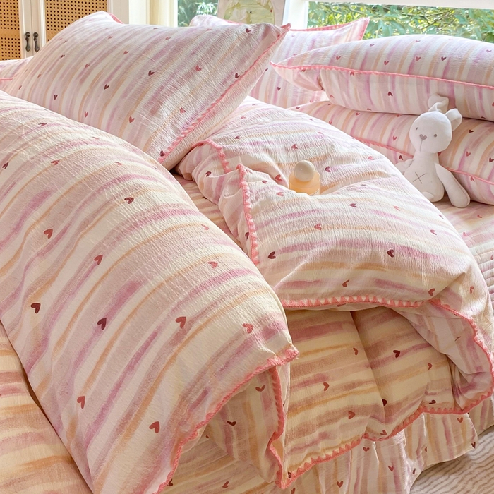 91家纺网 家纺一手货源 找家纺 梦可莱家居 2025新款木棉床盖四件套 爱心粉