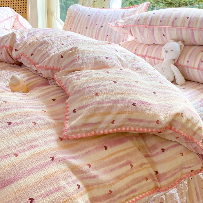 91家纺网 家纺一手货源 找家纺 梦可莱家居 2025新款木棉床盖四件套 爱心粉