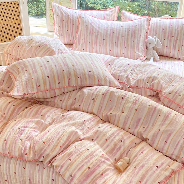 91家纺网 家纺一手货源 找家纺 梦可莱家居 2025新款木棉床盖四件套 爱心粉