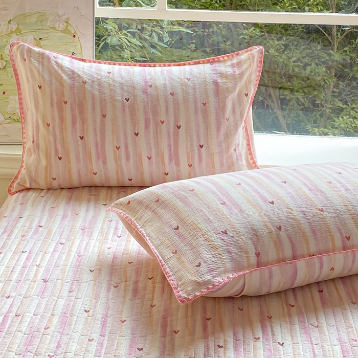 91家纺网 家纺一手货源 找家纺 梦可莱家居 2025新款木棉床盖四件套 爱心粉