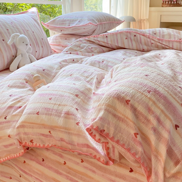 91家纺网 家纺一手货源 找家纺 梦可莱家居 2025新款木棉床盖四件套 爱心粉