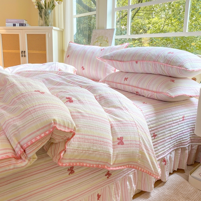 梦可莱家居 2025新款木棉床盖四件套 粉蝴蝶结