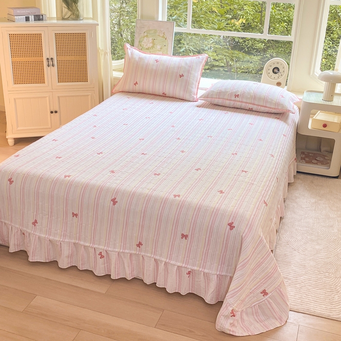 91家纺网 家纺一手货源 找家纺 梦可莱家居 2025新款木棉床盖四件套 粉蝴蝶结