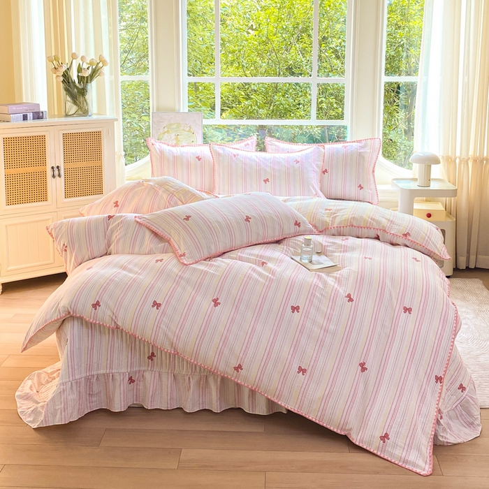 91家纺网 家纺一手货源 找家纺 梦可莱家居 2025新款木棉床盖四件套 粉蝴蝶结