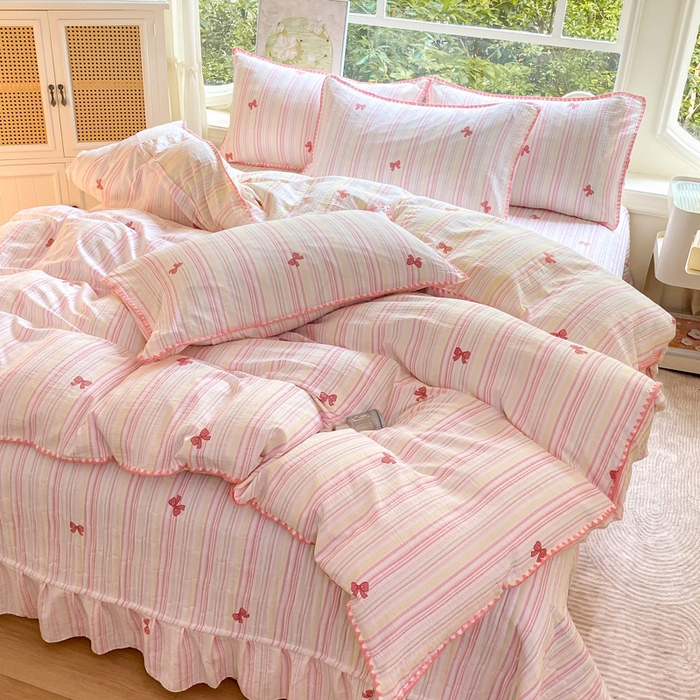 91家纺网 家纺一手货源 找家纺 梦可莱家居 2025新款木棉床盖四件套 粉蝴蝶结