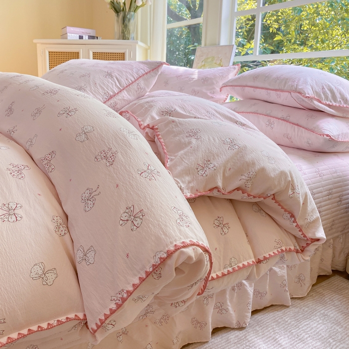 91家纺网 家纺一手货源 找家纺 梦可莱家居 2025新款木棉床盖四件套 蝴蝶结