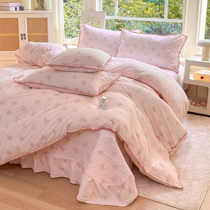 91家纺网 家纺一手货源 找家纺 梦可莱家居 2025新款木棉床盖四件套 蝴蝶结