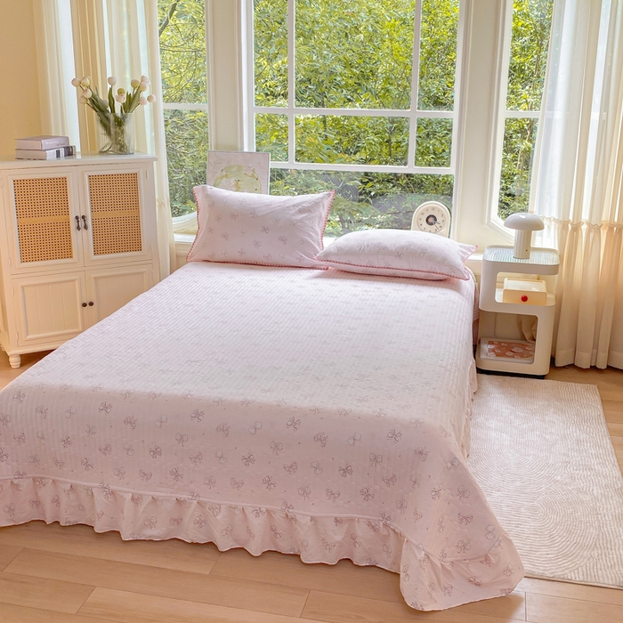 91家纺网 家纺一手货源 找家纺 梦可莱家居 2025新款木棉床盖四件套 蝴蝶结