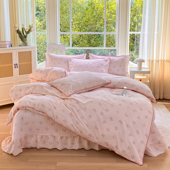 91家纺网 家纺一手货源 找家纺 梦可莱家居 2025新款木棉床盖四件套 蝴蝶结