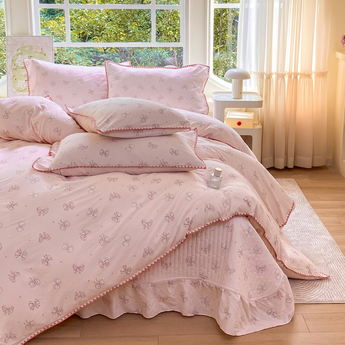 91家纺网 家纺一手货源 找家纺 梦可莱家居 2025新款木棉床盖四件套 蝴蝶结