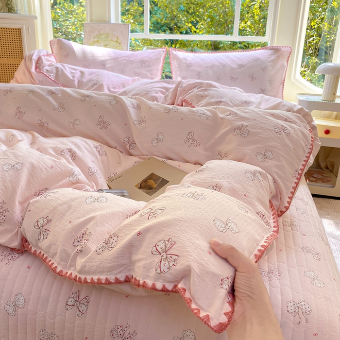 91家纺网 家纺一手货源 找家纺 梦可莱家居 2025新款木棉床盖四件套 蝴蝶结