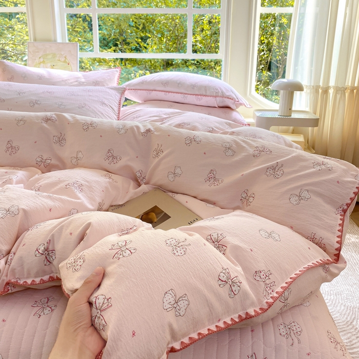 91家纺网 家纺一手货源 找家纺 梦可莱家居 2025新款木棉床盖四件套 蝴蝶结