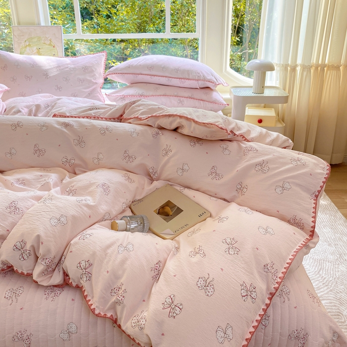 91家纺网 家纺一手货源 找家纺 梦可莱家居 2025新款木棉床盖四件套 蝴蝶结