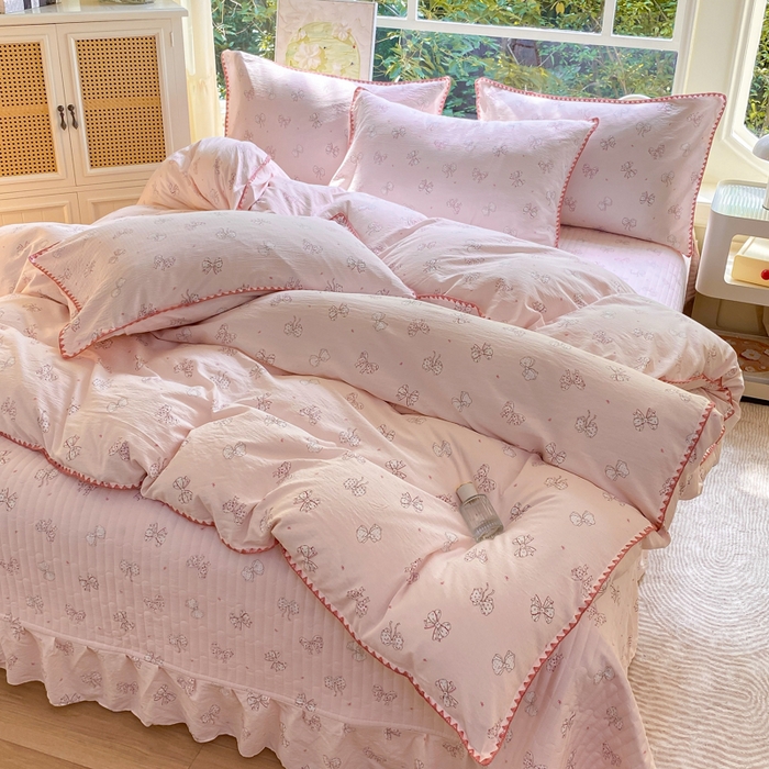 91家纺网 家纺一手货源 找家纺 梦可莱家居 2025新款木棉床盖四件套 蝴蝶结