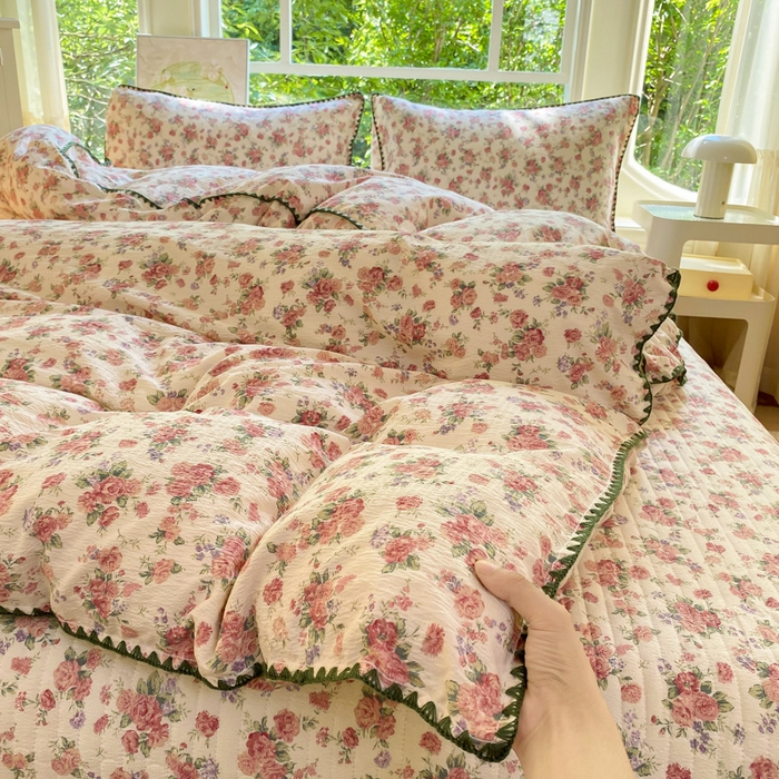 91家纺网 家纺一手货源 找家纺 梦可莱家居 2025新款木棉床盖四件套 玫瑰花园