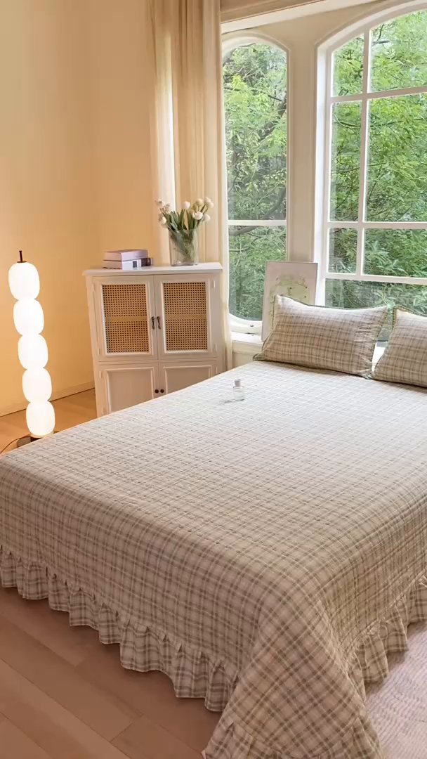 91家纺网 家纺一手货源 找家纺 梦可莱家居 2025新款木棉床盖四件套 格调绿