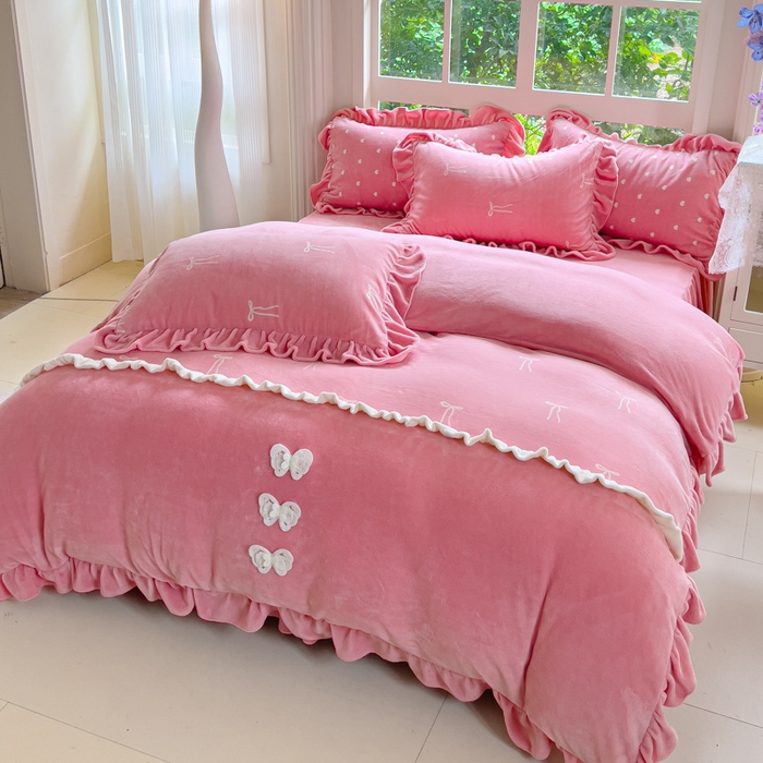 睡美人 2025韩版暖铂绒牛奶绒花边床裙床笠床单款四件套 同心结-桃粉色