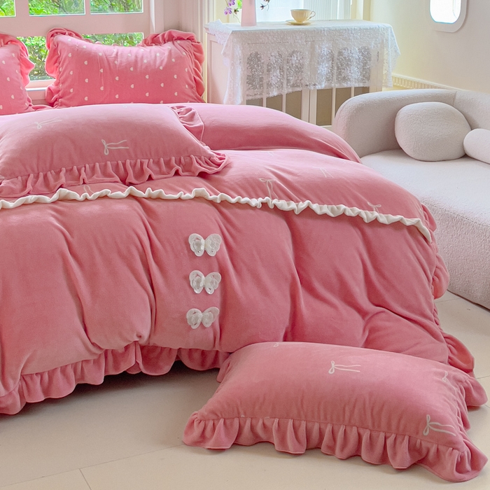 91家纺网 家纺一手货源 找家纺 睡美人 2025韩版暖铂绒牛奶绒花边床裙床笠床单款四件套 同心结-桃粉色