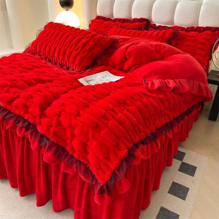 91家纺网 家纺一手货源 找家纺 （总）睡美人 2025韩版兔绒提花牛奶绒床裙床单床笠款四件套