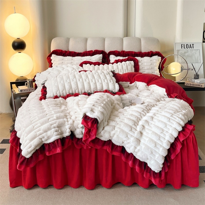 91家纺网 家纺一手货源 找家纺 （总）睡美人 2025韩版兔绒提花牛奶绒床裙床单床笠款四件套