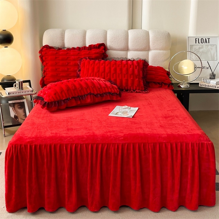 91家纺网 家纺一手货源 找家纺 睡美人 2025韩版兔绒提花牛奶绒床裙床单床笠款四件套 兔绒提花-纯红色
