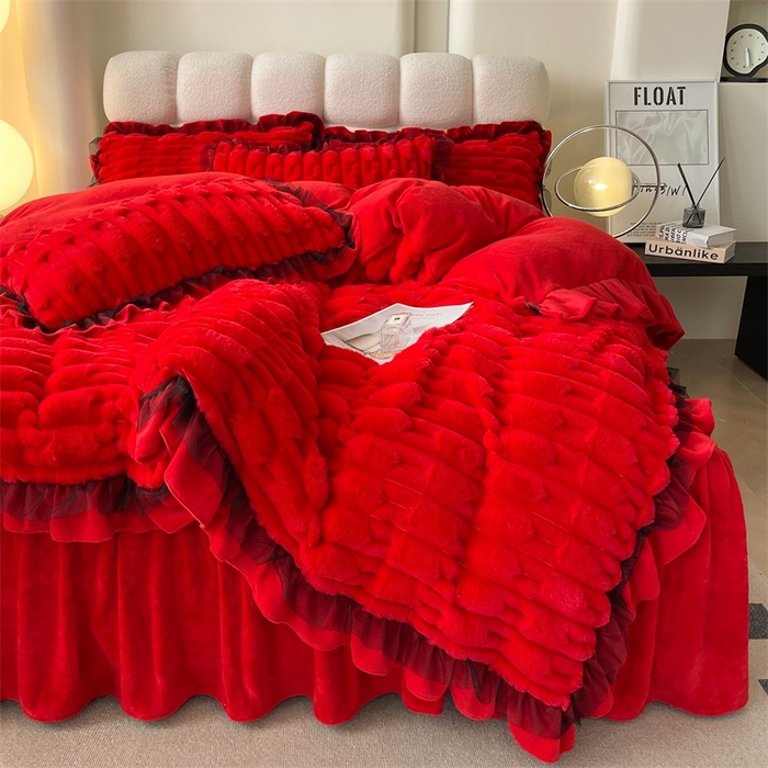 91家纺网 家纺一手货源 找家纺 睡美人 2025韩版兔绒提花牛奶绒床裙床单床笠款四件套 兔绒提花-纯红色