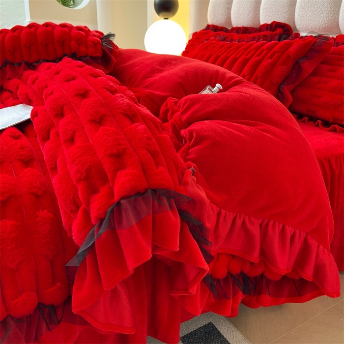 91家纺网 家纺一手货源 找家纺 睡美人 2025韩版兔绒提花牛奶绒床裙床单床笠款四件套 兔绒提花-纯红色
