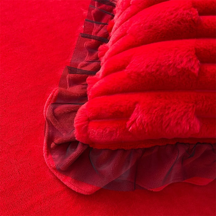 91家纺网 家纺一手货源 找家纺 睡美人 2025韩版兔绒提花牛奶绒床裙床单床笠款四件套 兔绒提花-纯红色