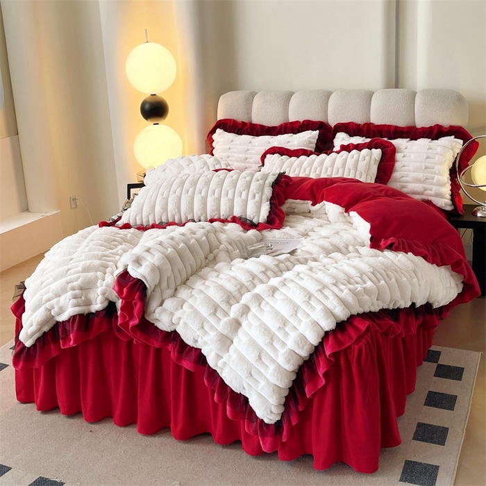 睡美人 2025韩版兔绒提花牛奶绒床裙床单床笠款四件套 兔绒提花-大红色