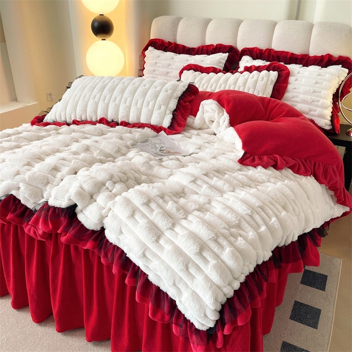 91家纺网 家纺一手货源 找家纺 睡美人 2025韩版兔绒提花牛奶绒床裙床单床笠款四件套 兔绒提花-大红色