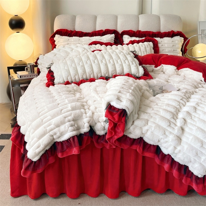 91家纺网 家纺一手货源 找家纺 睡美人 2025韩版兔绒提花牛奶绒床裙床单床笠款四件套 兔绒提花-大红色