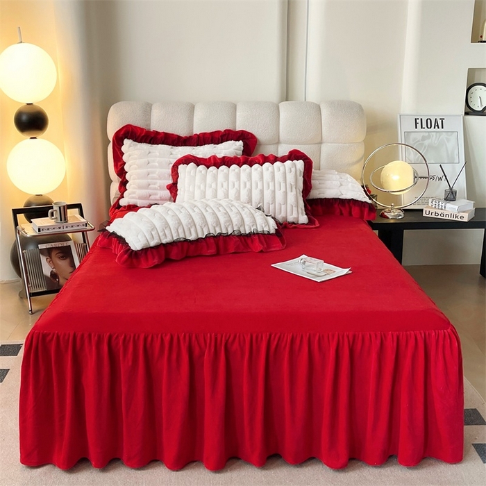 91家纺网 家纺一手货源 找家纺 睡美人 2025韩版兔绒提花牛奶绒床裙床单床笠款四件套 兔绒提花-大红色