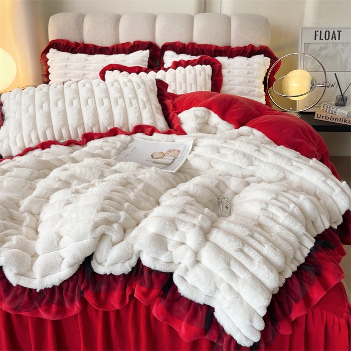 91家纺网 家纺一手货源 找家纺 睡美人 2025韩版兔绒提花牛奶绒床裙床单床笠款四件套 兔绒提花-大红色