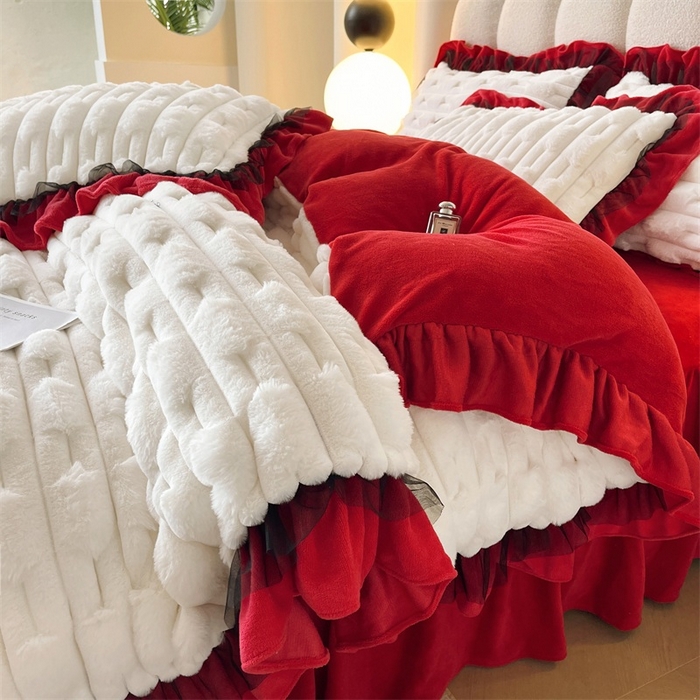 91家纺网 家纺一手货源 找家纺 睡美人 2025韩版兔绒提花牛奶绒床裙床单床笠款四件套 兔绒提花-大红色