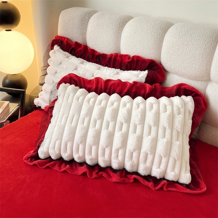 91家纺网 家纺一手货源 找家纺 睡美人 2025韩版兔绒提花牛奶绒床裙床单床笠款四件套 兔绒提花-大红色