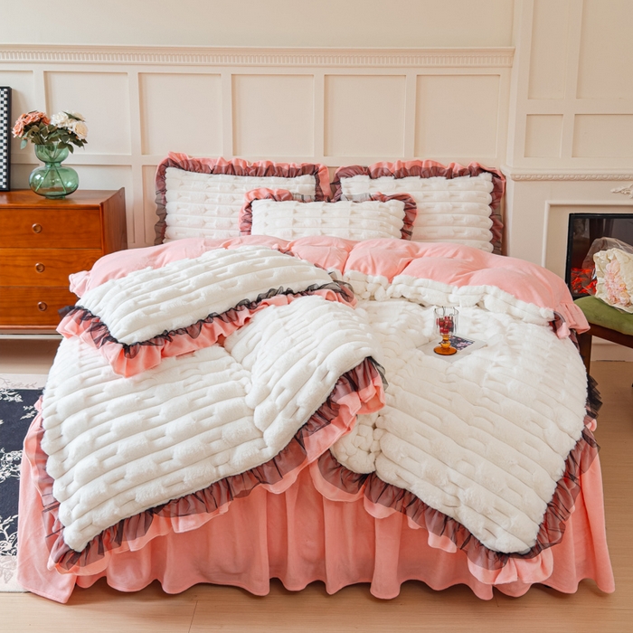 91家纺网 家纺一手货源 找家纺 睡美人 2025韩版兔绒提花牛奶绒床裙床单床笠款四件套 兔绒提花-公主粉