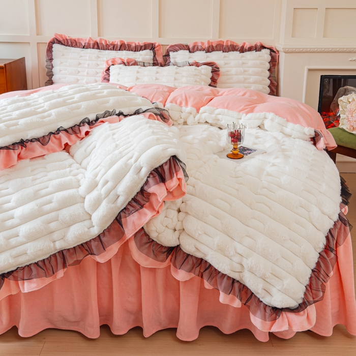 91家纺网 家纺一手货源 找家纺 睡美人 2025韩版兔绒提花牛奶绒床裙床单床笠款四件套 兔绒提花-公主粉