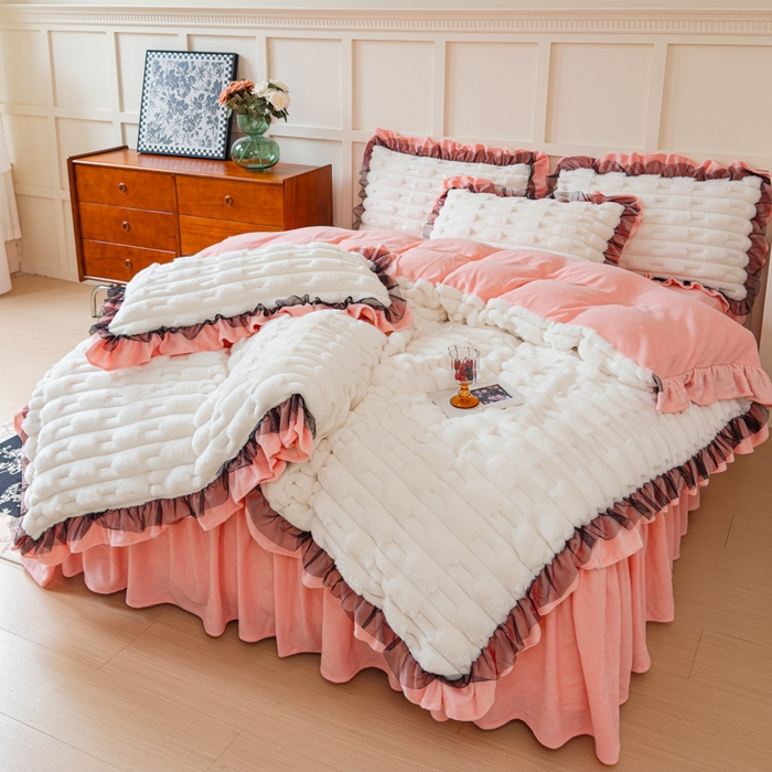 睡美人 2025韩版兔绒提花牛奶绒床裙床单床笠款四件套 兔绒提花-公主粉