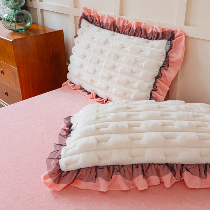 91家纺网 家纺一手货源 找家纺 睡美人 2025韩版兔绒提花牛奶绒床裙床单床笠款四件套 兔绒提花-公主粉