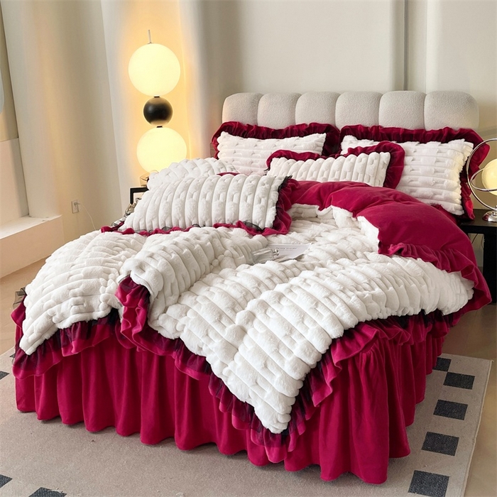 睡美人 2025韩版兔绒提花牛奶绒床裙床单床笠款四件套 兔绒提花-酒红色