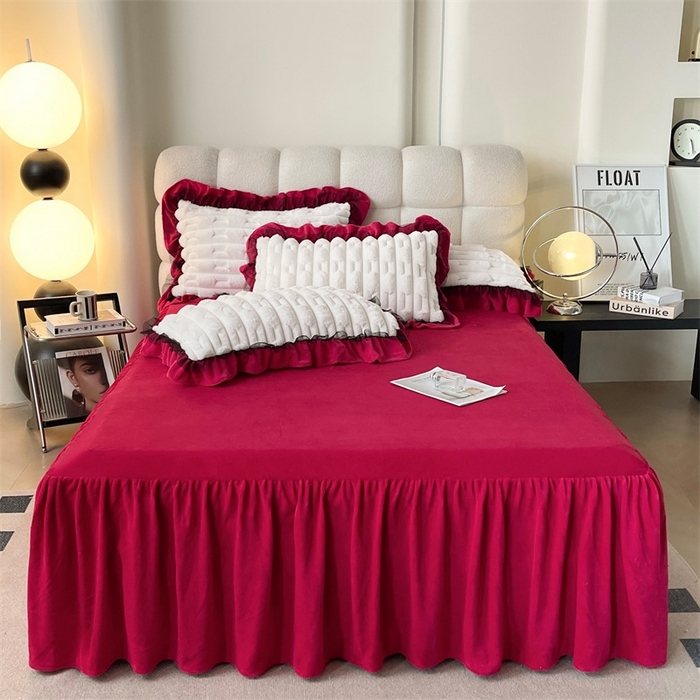 91家纺网 家纺一手货源 找家纺 睡美人 2025韩版兔绒提花牛奶绒床裙床单床笠款四件套 兔绒提花-酒红色